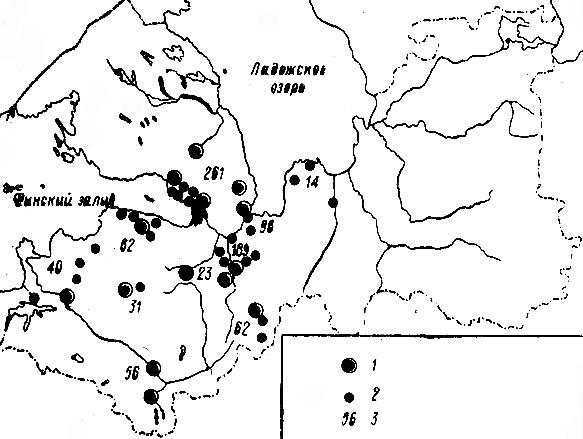 Рис. 21. Места и результаты лосиных охот в Петербургской губернии в 1873-1914 гг. 1 - основные; 2 - второстепенные, 3 - общее количество добытых лосей